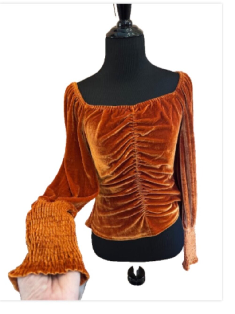 Burnt Orange Velvet Ruched Top S Puff Balloon Sleeve Whimsigoth Boho Romantic